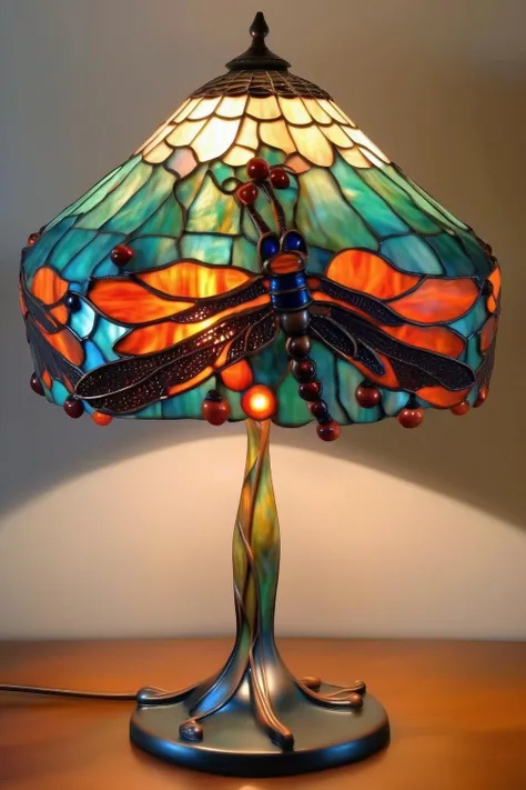 <lora:Louis Comfort Tiffany Style:1>Louis Comfort Tiffany Style - stained-glass lamp, dragonfly and berries pattern, in style of curves, details, orange and emerald green and teal and navy blue