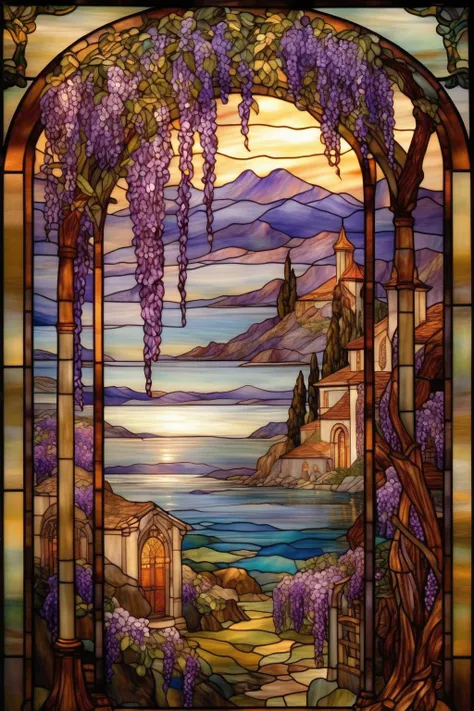 <lora:Louis Comfort Tiffany Style:1>Louis Comfort Tiffany Style - stained glass, Large scene with rich details, Large wisteria flowers, with mountains and water, there are several small houses on the distant mountain