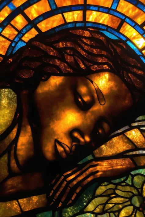 <lora:Louis Comfort Tiffany Style:1>Louis Comfort Tiffany Style - Close-up shot New York loft apartment window silhouette of a Haitian woman lying down on a couch