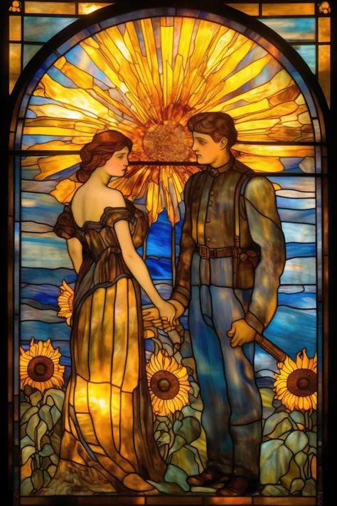 <lora:Louis Comfort Tiffany Style:1>Louis Comfort Tiffany Style - a stained glass of Tiffany, illustated the war in Kiev during the night. Fire, smoke, destrructions, building destroyed, in the background. Ukrainian couple wearing blue and yellow clothes on the front. sunflowers in the frame. Fire of explosions in the Sky. 1900 Belle Epoque, art Nouveau style,