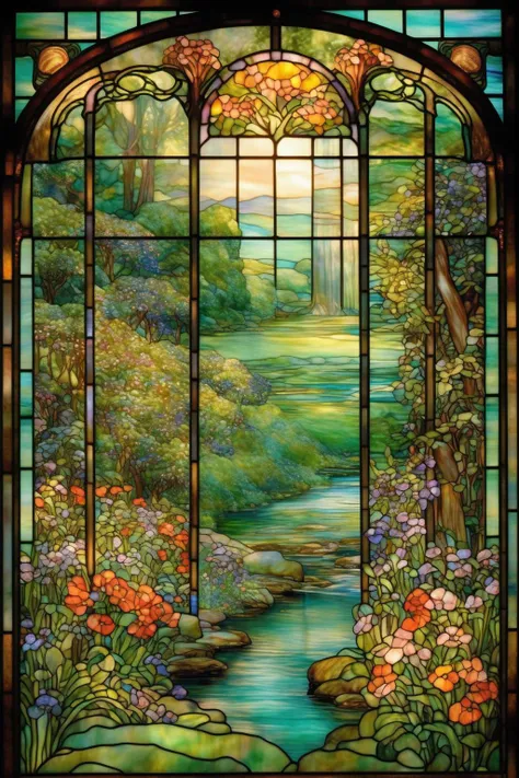 <lora:Louis Comfort Tiffany Style:1>Louis Comfort Tiffany Style - A heavenly cottage nestled among vibrant flowers and lush greenery, with a babbling brook flowing nearby, all in the art nouveau style of Louis Comfort Tiffany stained glass.