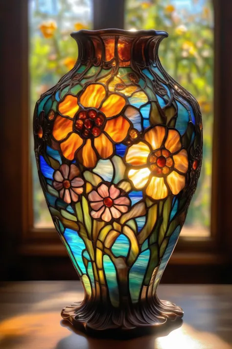 <lora:Louis Comfort Tiffany Style:1>Louis Comfort Tiffany Style - the most beautiful ornate stained glass vase with stunning flowered sitting on a wood table in the sunlight