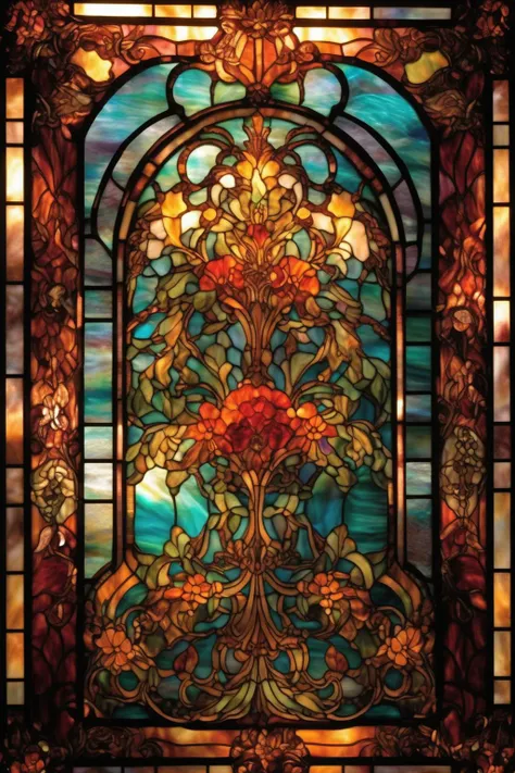 <lora:Louis Comfort Tiffany Style:1>Louis Comfort Tiffany Style - Let the opulence of the Victorian era inspire a stained glass window that's rich in detail and color. Incorporate patterns reminiscent of damask fabrics, intricate floral motifs, and vibrant jewel tones. As you journey through the design process, consider how the light will interact with these elements to create a sense of timeless elegance and grandeur in your space.