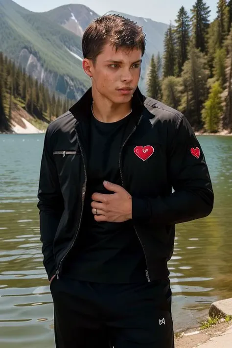 ChadLogan 1man, black jacket, t-shirt, pants, heart hands duo,
lake, calm waters, scenic shoreline, tranquil,
<lora:ChadLogan:0.8>