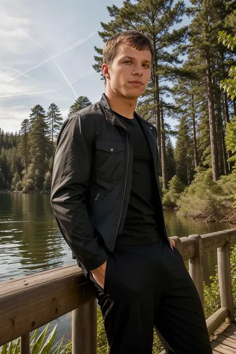 Solo, ChadLogan 1man, black jacket, t-shirt, pants, Writing articles, 
lakeside, peaceful shoreline, towering trees, idyllic setting,
<lora:ChadLogan:0.8>