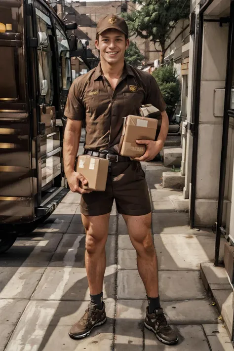 stepping off brown delivery truck, ChadLogan, ups-outfit, polo shirt, shorts, belt, shoes, holding box, grinning, masterpiece, (((full body portrait))), ((full body)), wide angle, (looking at viewer), highly detailed, (high skin detail), (high face detail), photorealistic, RAW photo, <lora:ChadLogan:0.8> <lora:Clothing - Sexy Delivery Man - UPS:0.75>