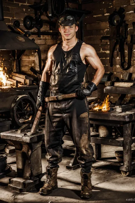 blacksmith shop, standing next to anvil, furnace in background, fire, muscular ChadLogan, sexyblacksmith, gloves, boots, tank top, pants, goggles on head, holding hammer, slight smile, masterpiece, (((full body portrait))), ((full body)), wide angle, (looking at viewer), highly detailed, (high skin detail), (high face detail), photorealistic, RAW photo, <lora:ChadLogan:0.8> <lora:Clothing - Sexy Blacksmith:0.8>