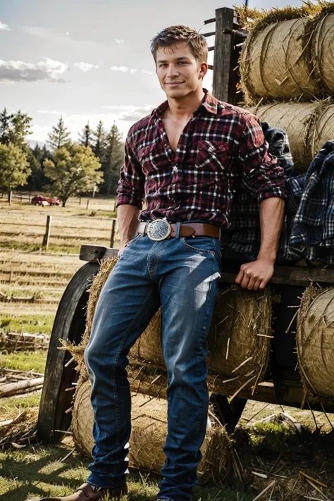 (inside of barn), muscular ChadLogan, ((sitting on bales of hay)), legs spread open, slight smile, sexycowboy, (red plaid shirt), denim blue jeans, belt, (shiny belt buckle), masterpiece, (((full body portrait))), ((full body)), wide angle, (looking at viewer), highly detailed, (high skin detail), (high face detail), photorealistic, RAW photo, soft lighting, high quality <lora:Clothing - Sexy Cowboy:0.65>  <lora:ChadLogan:0.7>