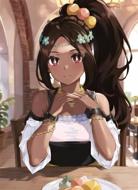 1girl , sitting on chair, dark-skinned_female, dress shirt, jewelry, necklace, brown_eyes, symbol-shaped pupils star \(symbol\), (red_eyes:0.66), black_eyes, brown_hair, ponytail, hair ornament flower hairband <lora:timerra-v3-10:0.8> BREAK indoors table, food plate holding fork, <lora:povAcrossTable_v008Beta:1>