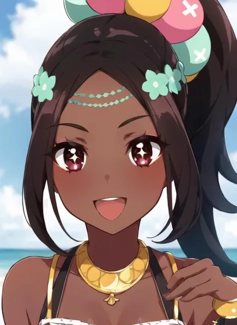 1girl, portrait, close-up, outdoor, dark-skinned_female, jewelry, necklace, long_hair, open_mouth, smile, brown_hair, ponytail,hair ornament flower hairband , brown_eyes, symbol-shaped pupils star \(symbol\), (red_eyes:0.66), black_eyes <lora:timerra-v3-10:0.8>