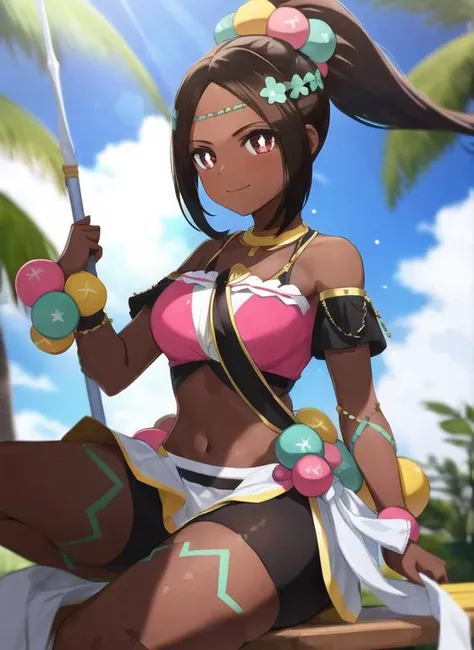 1girl , sitting on chair, dark-skinned_female, dress shirt, jewelry, necklace, brown_eyes, symbol-shaped pupils star \(symbol\), (red_eyes:0.66), black_eyes, brown_hair, ponytail, hair ornament flower hairband , multicolored beads bubbles<lora:timerra-v3-10:0.8> BREAK outdoors, BREAK holding weapon, spear, polearm , standing