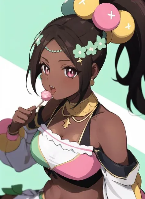 1girl, from_above, open mouth holding lollipop, green_fingernails, breasts, cleavage, multicolored white pink crop_top, dark-skinned_female, jewelry, necklace, solo, holding lollipop, holding candy cane, , green_fingernails, brown hair, ponytail, flower hairband, brown_eyes, symbol-shaped pupils star \(symbol\), (red_eyes:0.66), black_eyes <lora:timerra-v3-10:0.8> BREAK on bench, park,