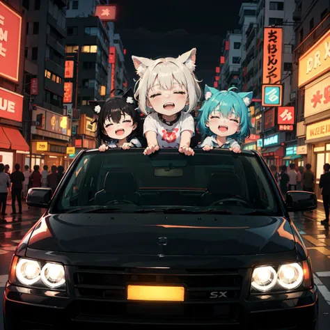 masterpiece,best quality,S-MX,
a lot chibis riding car,:d,closed eyes,open mouth,animal ears and tail,glowing eyes,
(midnight,neon sign:1.3),
<lyco:S-MX_v10-000005:0.8>