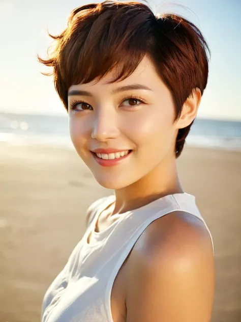 woman, korean, smiling looking away, <lora:A_SHort_Cut_v3_SDXL:1>very short hair, (pixie cut:1.2), brown hair, hazelnut eyes, on the beach, white shirt, sunny day