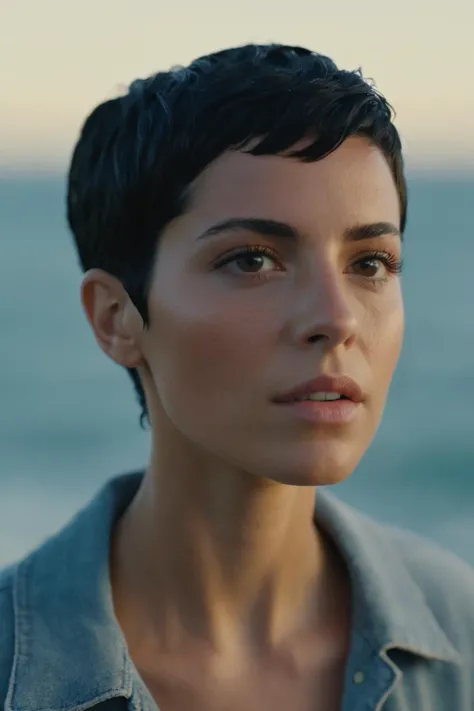 masterpiece, realistic, 8k, (1woman:1.3), (beautiful mediterranean:1.3), portuguese, (freckles:0.7), light hazelnut eyes, (black hair:1.1) , (nasal bump), ARRIRAW 4K Cinematic Arri Alexa, Zeiss Master Prime Lenses, Panavision, Film Stock Footage, Kodak Eastman 100T 5247 Cinematic <lora:A_SHort_Cut_v3_SDXL:0.9>very short hair, tomboy hair, buzz cut, soft light,