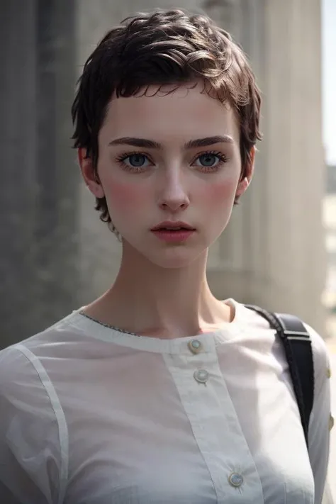 masterpiece, realistic, 8k, (1woman:1.3), european, hazelnut green eyes, white shirt, (dark hair:1.1) , <lora:A_Short_Cut:1>short-cut,(buzz-cut:1.1),