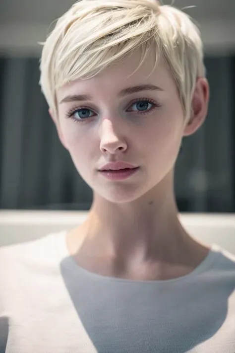 masterpiece, realistic, 8k, (1woman:1.3), european, white shirt, (blonde hair:1.1) , <lora:A_Short_Cut:1> short-cut, (pixie-cut:1.3),