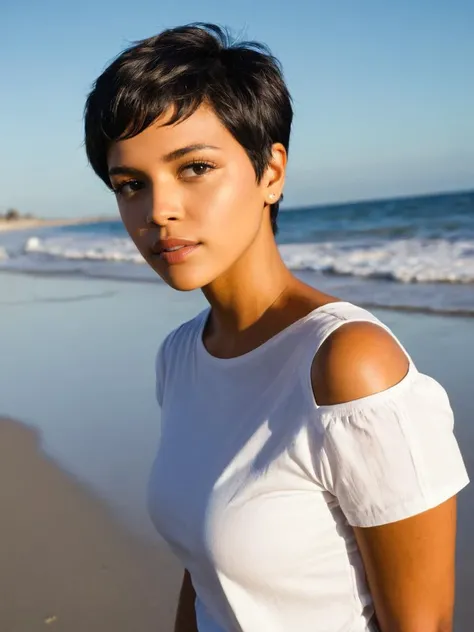woman, latina, dreaming, (looking away:1.7), dark skin, surprised<lora:A_SHort_Cut_v3_SDXL:1.1>short hair, (pixie hair:1.2), dark eyes, on the beach, white shirt, sunny day,