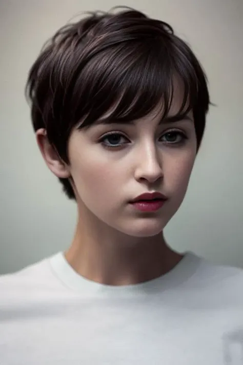 masterpiece, realistic, 8k, (1woman:1.3), european, white shirt, (black hair:1.1) , <lora:A_Short_Cut:1> short-cut, (buzz-cut:1.2), very short hair,