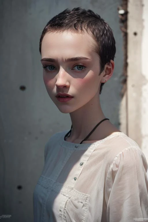 masterpiece, realistic, 8k, (1woman:1.3), european, hazelnut green eyes, white shirt, (dark hair:1.1) , <lora:A_Short_Cut:1>short-cut,(buzz-cut:1.2),