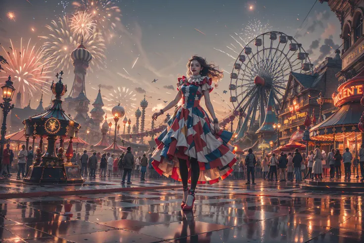 (Giant UFO,Amusement park,Flame ferris wheel:1.3),(unleashing aura,magical energy,energy stream,excessive energy,casting black magic,magic circle,)
(science fiction:1.3),(fantasy scenery:1.3),(ultra realistic:1.3),(hyperrealistic 3d render),
intricate details, highly detailed, high resolution, HDR, realistic, dusty sunlight, ray_tracing, sun_flare, cinematic (beautiful detailed face:1.0), perfect lighting, (vivid colors:1.3, color full:1.3), ultra detailed 8k cg, extremely absurd,(best quality),(masterpiece:1.4),(soft lighting:1.4), bokeh, depth of field, photorealistic, caustics,
perfect shading,
,<lora:绪å¿-æ£ä¸ä¸ç chess:0.6>, (Holiday party,firework,Clown:1.3), Female magician,Magic girl