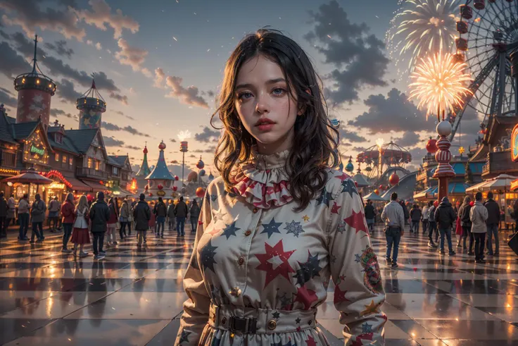 (Giant UFO,Amusement park,Flame ferris wheel:1.3),(unleashing aura,magical energy,energy stream,excessive energy,casting black magic,magic circle,)
(science fiction:1.3),(fantasy scenery:1.3),(ultra realistic:1.3),(hyperrealistic 3d render),
intricate details, highly detailed, high resolution, HDR, realistic, dusty sunlight, ray_tracing, sun_flare, cinematic (beautiful detailed face:1.0), perfect lighting, (vivid colors:1.3, color full:1.3), ultra detailed 8k cg, extremely absurd,(best quality),(masterpiece:1.4),(soft lighting:1.4), bokeh, depth of field, photorealistic, caustics,
perfect shading,
,<lora:ç»ªå¿-æ£ä¸­ä¸ç chess:0.6>, (Holiday party,firework,Clown:1.3), Magic girl,