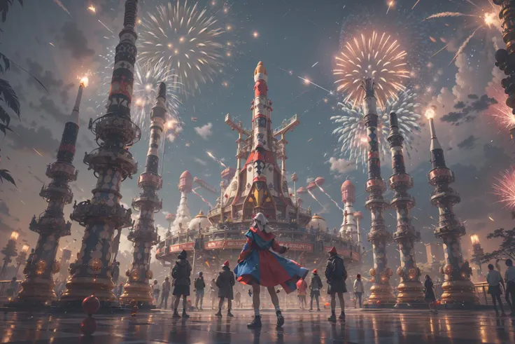 (Giant UFO,Amusement park,Flame ferris wheel:1.3),(unleashing aura,magical energy,energy stream,excessive energy,casting black magic,magic circle,)
(science fiction:1.3),(fantasy scenery:1.3),(ultra realistic:1.3),(hyperrealistic 3d render),
intricate details, highly detailed, high resolution, HDR, realistic, dusty sunlight, ray_tracing, sun_flare, cinematic (beautiful detailed face:1.0), perfect lighting, (vivid colors:1.3, color full:1.3), ultra detailed 8k cg, extremely absurd,(best quality),(masterpiece:1.4),(soft lighting:1.4), bokeh, depth of field, photorealistic, caustics,
perfect shading,
,<lora:绪å¿-æ£ä¸ä¸ç chess:0.6>, (Holiday party,firework,Clown:1.3), (Female magician,Magic girl:0.8), (Rocket launching pad:1.4)