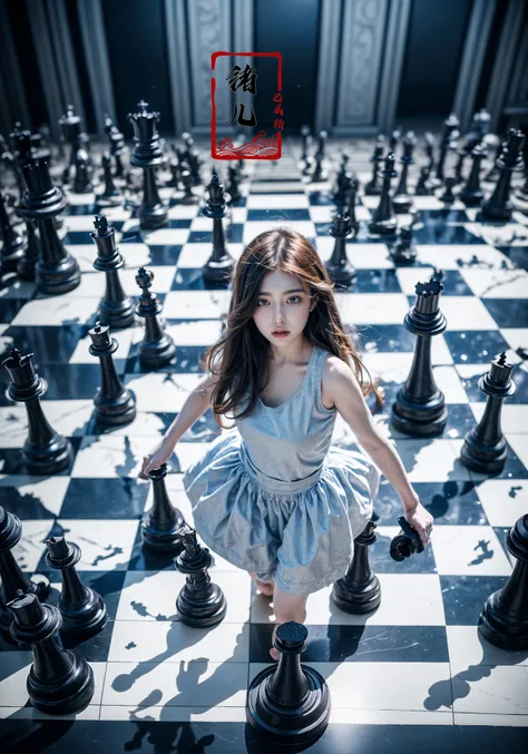 Creative portrait photography, Thumbelina girl running on a vast chessboard, determined, Jump forward, contrast of warm and cool tones, vivid details, Uneasy atmosphere, close-up with a camera, towering giant chess pieces aroundDynamic Angle, Perspective, High Point,pov(from above:1.1)
chessreflective floorA shot with tension(sky glows blue, Visual impact,giving the poster a dynamic and visually striking appearance:1.2),
1girl( looking at viewer:1.5) Attacking posture, attacking the audience
(dramatic, gritty, intense:1.4),masterpiece, best quality, 32k uhd, insane details, intricate details, hyperdetailed, hyper quality, high detail, ultra detailed, Masterpiece, <lora:~Q?-hN-NuL chess:0.7>