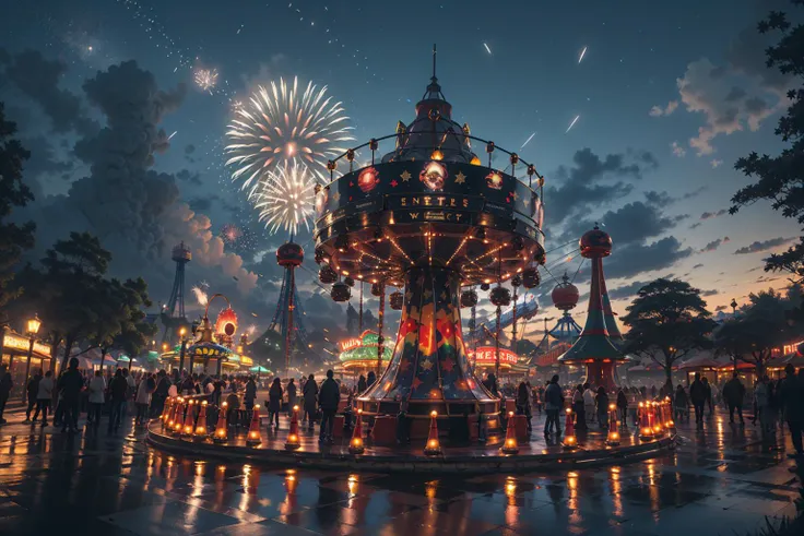 (Giant UFO,Amusement park,Flame ferris wheel:1.3),(unleashing aura,magical energy,energy stream,excessive energy,casting black magic,magic circle,)
(science fiction:1.3),(fantasy scenery:1.3),(ultra realistic:1.3),(hyperrealistic 3d render),
intricate details, highly detailed, high resolution, HDR, realistic, dusty sunlight, ray_tracing, sun_flare, cinematic (beautiful detailed face:1.0), perfect lighting, (vivid colors:1.3, color full:1.3), ultra detailed 8k cg, extremely absurd,(best quality),(masterpiece:1.4),(soft lighting:1.4), bokeh, depth of field, photorealistic, caustics,
perfect shading,
,<lora:绪å¿-æ£ä¸ä¸ç chess:0.6>, (Holiday party,firework,Clown:1.3), Magic girl,