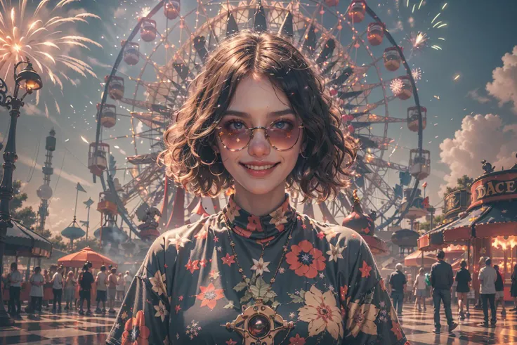 (Giant UFO,Amusement park,Flame ferris wheel:1.3),(unleashing aura,magical energy,energy stream,excessive energy,casting black magic,magic circle,)
(science fiction:1.3),(fantasy scenery:1.3),(ultra realistic:1.3),(hyperrealistic 3d render),
intricate details, highly detailed, high resolution, HDR, realistic, dusty sunlight, ray_tracing, sun_flare, cinematic (beautiful detailed face:1.0), perfect lighting, (vivid colors:1.3, color full:1.3), ultra detailed 8k cg, extremely absurd,(best quality),(masterpiece:1.4),(soft lighting:1.4), bokeh, depth of field, photorealistic, caustics,
perfect shading,
,<lora:绪å¿-æ£ä¸ä¸ç chess:0.6>, (Holiday party,firework,Clown:1.3), (Female magician,Magic girl:0.8), (Crazy girl,Happy smile,sunglasses,smoke,Demonic possession:1.3)