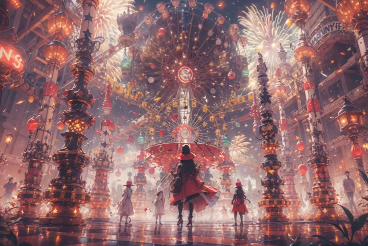 (Giant UFO,Amusement park,Flame ferris wheel:1.3),(unleashing aura,magical energy,energy stream,excessive energy,casting black magic,magic circle,)
(science fiction:1.3),(fantasy scenery:1.3),(ultra realistic:1.3),(hyperrealistic 3d render),
intricate details, highly detailed, high resolution, HDR, realistic, dusty sunlight, ray_tracing, sun_flare, cinematic (beautiful detailed face:1.0), perfect lighting, (vivid colors:1.3, color full:1.3), ultra detailed 8k cg, extremely absurd,(best quality),(masterpiece:1.4),(soft lighting:1.4), bokeh, depth of field, photorealistic, caustics,
perfect shading,
,<lora:绪å¿-æ£ä¸ä¸ç chess:0.6>, (Holiday party,firework,Clown:1.3), (Female magician,Magic girl:0.8),