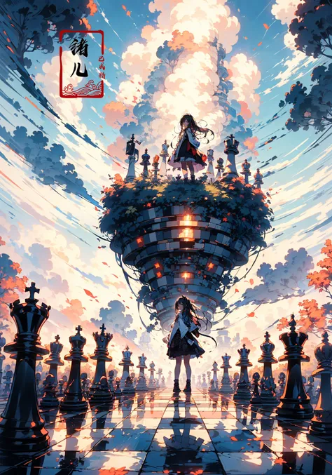 Creative portrait photography, Thumbelina girl running on a vast chessboard, determined, Jump forward, contrast of warm and cool tones, vivid details, Uneasy atmosphere, close-up with a camera, towering giant chess pieces around(wide shot, wide-angle lens,Panoramic:1.2),super vista, super wide AngleLow Angle shooting, super wide lens,
chessreflective floorA shot with tension(sky glows yellow, Visual impact,giving the poster a dynamic and visually striking appearance:1.2),Chinese Zen style,impactful picture, Military scenes, battlefields
1girl( looking at viewer:1.5) Attacking posture, attacking the audience
(dramatic, gritty, intense:1.4),masterpiece, best quality, 32k uhd, insane details, intricate details, hyperdetailed, hyper quality, high detail, ultra detailed, Masterpiece, <lora:~Q?-hN-NuL chess:0.7>