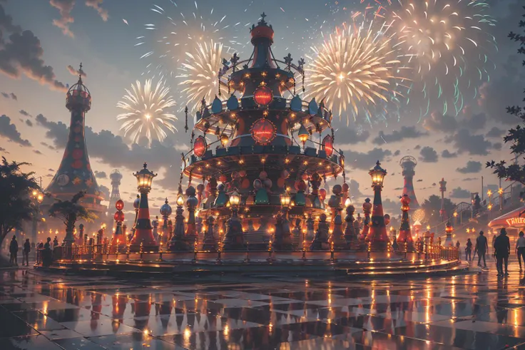 (Giant UFO,Amusement park,Flame ferris wheel:1.3),(unleashing aura,magical energy,energy stream,excessive energy,casting black magic,magic circle,)
(science fiction:1.3),(fantasy scenery:1.3),(ultra realistic:1.3),(hyperrealistic 3d render),
intricate details, highly detailed, high resolution, HDR, realistic, dusty sunlight, ray_tracing, sun_flare, cinematic (beautiful detailed face:1.0), perfect lighting, (vivid colors:1.3, color full:1.3), ultra detailed 8k cg, extremely absurd,(best quality),(masterpiece:1.4),(soft lighting:1.4), bokeh, depth of field, photorealistic, caustics,
,<lora:绪å¿-æ£ä¸ä¸ç chess:0.8>, (Holiday party,firework,Clown:1.3), <lora:add_detail:-0.5>