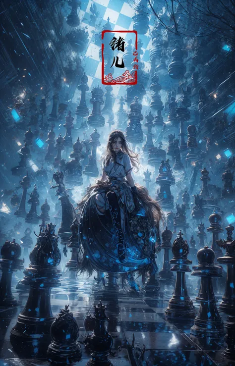 Creative portrait photography, Thumbelina girl running on a vast chessboard, determined, Jump forward, contrast of warm and cool tones, vivid details, Uneasy atmosphere, close-up with a camera, towering giant chess pieces around(wide shot, wide-angle lens,Panoramic:1.2),super vista, super wide AngleLow Angle shooting, super wide lens,
chessreflective floorA shot with tension(sky glows cyan,Visual impact,giving the poster a dynamic and visually striking appearance:1.2),Chinese Zen style,impactful picture,
1girl( looking at viewer:1.5) Attacking posture, attacking the audience
(dramatic, gritty, intense:1.4),masterpiece, best quality, 32k uhd, insane details, intricate details, hyperdetailed, hyper quality, high detail, ultra detailed, Masterpiece, <lora:chess_20231101021259:0.7> <lora:blue and white porcelain_20230903005832:0.6>