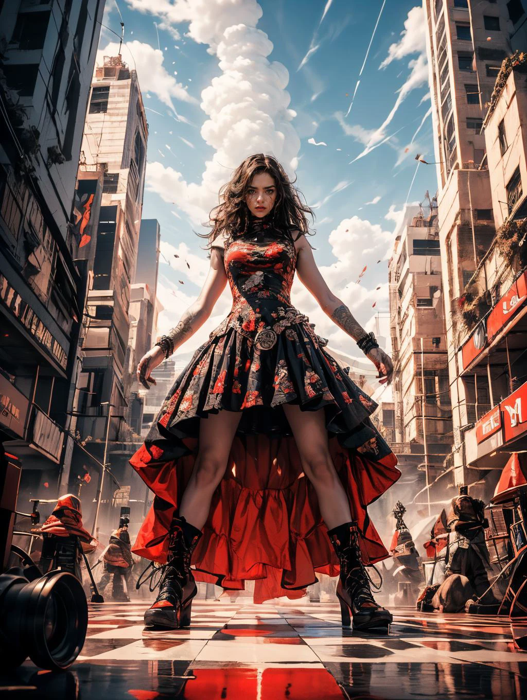 Creative portrait photography, A shot with tension, chess, (wide shot, wide-angle lens, from below, Fisheye lens, Panoramic:1.2), 1girl, (looking at viewer:1.5) determined, pointing at viewer, nice hands, perfect hands, attacking the audience, (sky glows red, Visual impact, giving the poster a dynamic and visually striking appearance:1.2), reflective floor, (dramatic, gritty, intense:1.4), contrast of warm and cool tones, vivid details, Uneasy atmosphere, masterpiece, best quality, 32k uhd, insane details, intricate details, hyperdetailed, hyper quality, high detail, ultra detailed, Masterpiece, dark art, violent, <lora:chess_20231101021259:0.7> <lora:20231025-1698246577790:0.4> <lora:GoodHands-vanilla:1> <lora:Horror_Ink_Style:0.25> <lora:more_details:0.3>