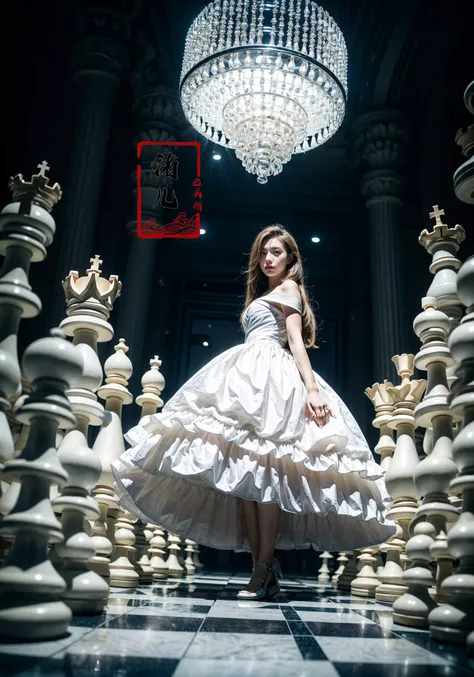 Creative portrait photography, Thumbelina girl running on a vast chessboard, towering giant chess pieces around(wide shot, wide-angle lens,Panoramic:1.2),super vista, super wide AngleLow Angle shooting, super wide lens, chessreflective floorA shot with tension
1girloff-the-shoulder wedding dress, ( looking at viewer:1.5) Attacking posture, attacking the audience
<lora:~Q?-hN-NuL chess:0.7>