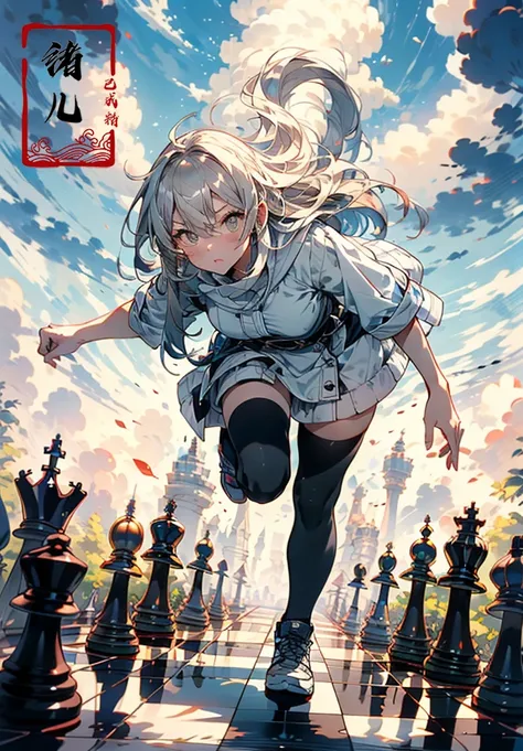 Creative portrait photography, Thumbelina girl running on a vast chessboard, determined, Jump forward, contrast of warm and cool tones, vivid details, Uneasy atmosphere, close-up with a camera, towering giant chess pieces around(wide shot, wide-angle lens,Panoramic:1.2),super vista, super wide AngleLow Angle shooting, super wide lens,
chessreflective floorA shot with tension(sky glows yellow, Visual impact,giving the poster a dynamic and visually striking appearance:1.2),Chinese Zen style,impactful picture, Military scenes, battlefields
1girl( looking at viewer:1.5) Attacking posture, attacking the audience
(dramatic, gritty, intense:1.4),masterpiece, best quality, 32k uhd, insane details, intricate details, hyperdetailed, hyper quality, high detail, ultra detailed, Masterpiece, <lora:~Q?-hN-NuL chess:0.7>