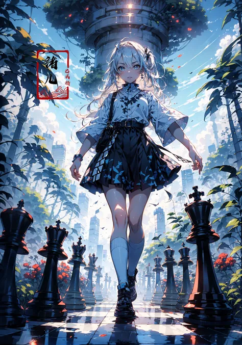 Creative portrait photography, Thumbelina girl running on a vast chessboard, determined, Jump forward, contrast of warm and cool tones, vivid details, Uneasy atmosphere, close-up with a camera, towering giant chess pieces around(wide shot, wide-angle lens,Panoramic:1.2),super vista, super wide AngleLow Angle shooting, super wide lens,
chessreflective floorA shot with tension(sky glows cyan,Visual impact,giving the poster a dynamic and visually striking appearance:1.2),Chinese Zen style,impactful picture, Military scenes, battlefields
1girl( looking at viewer:1.5) Attacking posture, attacking the audience
(dramatic, gritty, intense:1.4),masterpiece, best quality, 32k uhd, insane details, intricate details, hyperdetailed, hyper quality, high detail, ultra detailed, Masterpiece, <lora:~Q?-hN-NuL chess:0.7>