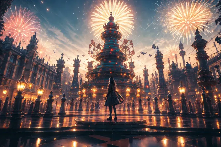 (Giant UFO,Amusement park,Flame ferris wheel:1.3),(unleashing aura,magical energy,energy stream,excessive energy,casting black magic,magic circle,)
(science fiction:1.3),(fantasy scenery:1.3),(ultra realistic:1.3),(hyperrealistic 3d render),
intricate details, highly detailed, high resolution, HDR, realistic, dusty sunlight, ray_tracing, sun_flare, cinematic (beautiful detailed face:1.0), perfect lighting, (vivid colors:1.3, color full:1.3), ultra detailed 8k cg, extremely absurd,(best quality),(masterpiece:1.4),(soft lighting:1.4), bokeh, depth of field, photorealistic, caustics,
<lora:more_details:0.5>
,<lora:绪å¿-æ£ä¸ä¸ç chess:0.8>, (Holiday party,firework,Clown:1.3),