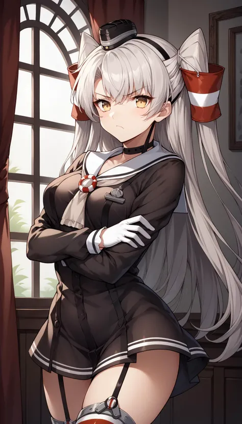 score_9, score_8_up, score_7_up, source_anime, game cg <lora:amatsukaze:1>amatsukazeKC,yellow eyes,long hair,hair tube, thighhighs, long sleeves, sailor collar, black dress, two side up, garter straps, striped thighhighs, sailor dress, mini hat,white gloves,single glove,see-through, pout, standing, crossed arms, <lora:StS_detail_slider_v1:1>