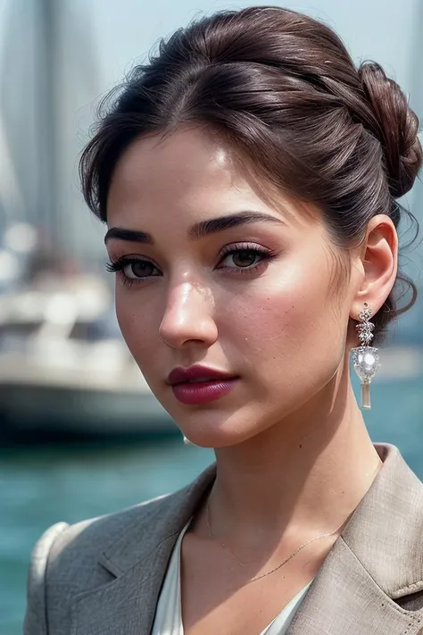 beautiful woman (T4m4nn4Bh4t14:.99), perfect (( Elegant chignon bun, sophisticated and timeless, :1.2))  , ((portrait)), (closeup:1.2), ((from the waist up)), (((  A bustling harbor, boats bobbing in the water, :1.2 ))), natural skin texture,  ((  Hauntingly beautiful blazer, mystical moonstone earrings and an enigmatic moonstone ring, dark onyx, bewitching lipstick, :1.2)), 24mm, 4k textures, soft cinematic light, adobe lightroom, photolab, hdr, intricate, elegant, highly detailed, sharp focus, ((((cinematic look)))), soothing tones, insane details, intricate details, hyperdetailed, low contrast, soft cinematic light, exposure blend, hdr, faded, now, ("I've got a bad feeling about this.":1.1)
