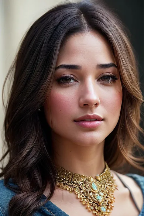 beautiful woman (T4m4nn4Bh4t14:.99), perfect hair, (wearing opulent jewellery:1.3), ((portrait)), (closeup:1.2), ((from the waist up)), ((( everyday :1.2 ))), natural skin texture, (( Flared jeans and a wrap top :1.2)), 24mm, 4k textures, soft cinematic light, adobe lightroom, photolab, hdr, intricate, elegant, highly detailed, sharp focus, ((((cinematic look)))), soothing tones, insane details, intricate details, hyperdetailed, low contrast, soft cinematic light, exposure blend, hdr, faded, now, ("I've got a bad feeling about this.":1.1)