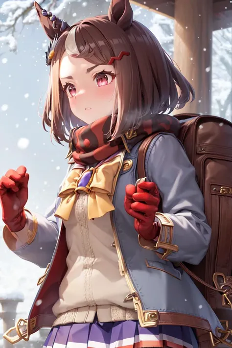 masterpiece, best quality,
tsurumaru tsuyoshi \(umamusume\),
ear ornament, hair ornament, hairclip, 
heavy breathing, winter, snowing, backpack, winter coat, brown coat, red scarf, mittens, 
tracen school uniform, winter uniform, puffy long sleeves, sailor collar, purple skirt, pleated skirt, 
<lyco:tsurumaru_tsuyoshi_loha:0.7>