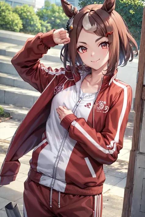 masterpiece, best quality,
tsurumaru tsuyoshi \(umamusume\),
stretching, outdoors, 
track jacket, looking at viewer, smile, long sleeves, red jacket, closed mouth,  collarbone, ear ornament, track pants, 
<lyco:tsurumaru_tsuyoshi_loha:0.7>