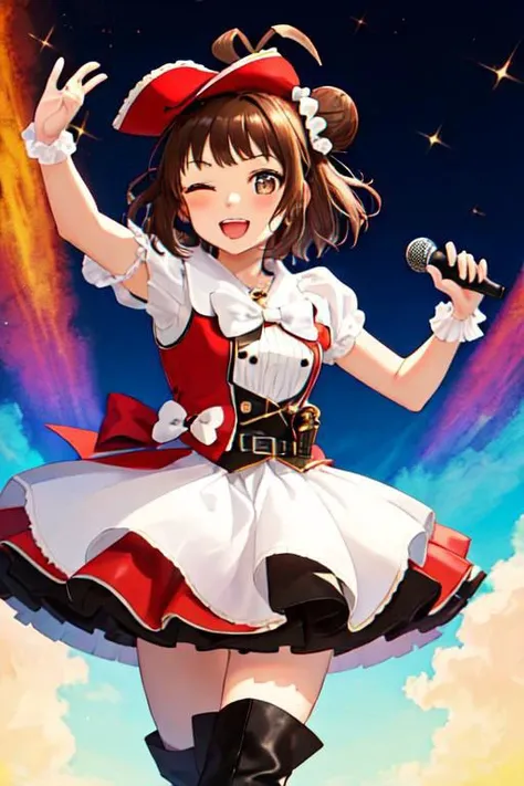 masterpiece, best quality, highres, naka_kantaicollection, double_bun, hair_bun, brown_hair, short_hair, antenna_hair, brown_eyes, smile, open_mouth, one_eye_closed, orange idol clothes, jyojifuku, hat, boots, corset, belt, hair ornament, standing, cowboy shot, singing, outdoor, pirate beach, holding microphone, reaching out,