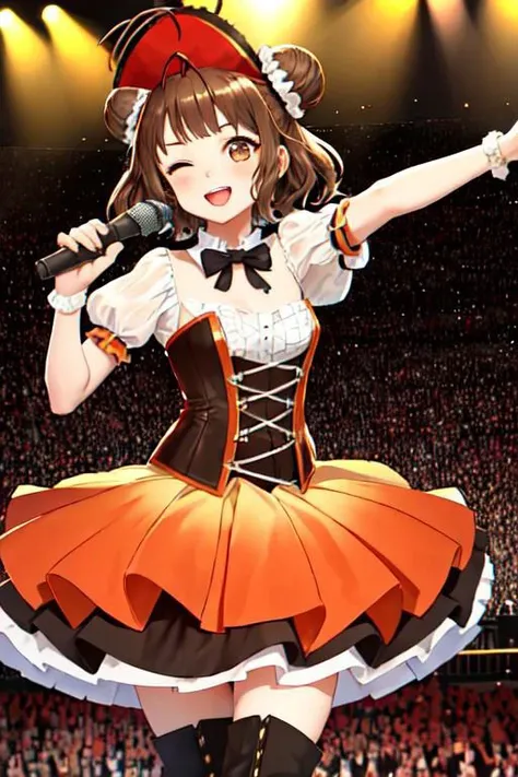 masterpiece, best quality, highres, naka_kantaicollection, double_bun, hair_bun, brown_hair, short_hair, antenna_hair, brown_eyes, smile, open_mouth, one_eye_closed, orange idol clothes, jyojifuku, hat, boots, corset, belt, hair ornament, standing, cowboy shot, singing, outdoor, pirate beach, holding microphone, reaching out,