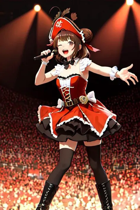 masterpiece, best quality, highres, naka_kantaicollection, double_bun, hair_bun, brown_hair, short_hair, antenna_hair, brown_eyes, smile, open_mouth, one_eye_closed, orange idol clothes, jyojifuku, hat, boots, corset, belt, hair ornament, standing, cowboy shot, singing, outdoor, pirate beach, holding microphone, reaching out,