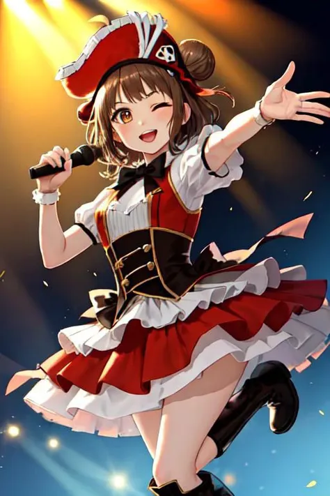 masterpiece, best quality, highres, naka_kantaicollection, double_bun, hair_bun, brown_hair, short_hair, antenna_hair, brown_eyes, smile, open_mouth, one_eye_closed, orange idol clothes, jyojifuku, hat, boots, corset, belt, hair ornament, standing, cowboy shot, singing, outdoor, pirate beach, holding microphone, reaching out,