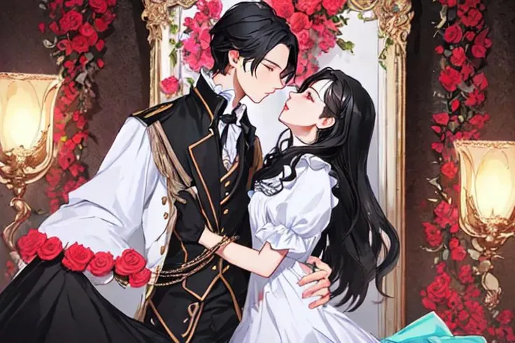 1guy, mature, colorful, lover, couple, in love, dynamic pose, breath, 18century, western style cloth, detailed face, ((high_quality, distinct_image)), full body, skinship, masterpiece, high quality resolution, digital painting, sexy, extremely_detailed_CG, illustration,(beautiful:1.5) (extremely detailed face), (black hair), 22years old,  beautiful_detailed_hair, best quality, detailed eyes, perfect lighting,male focus,