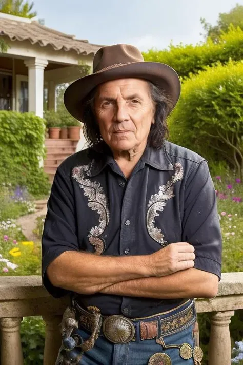 portrait photo of man in the middle of far west, garden in the background, high detailed, high detailed face, 8k, intrincate, <lora:pappo:1>